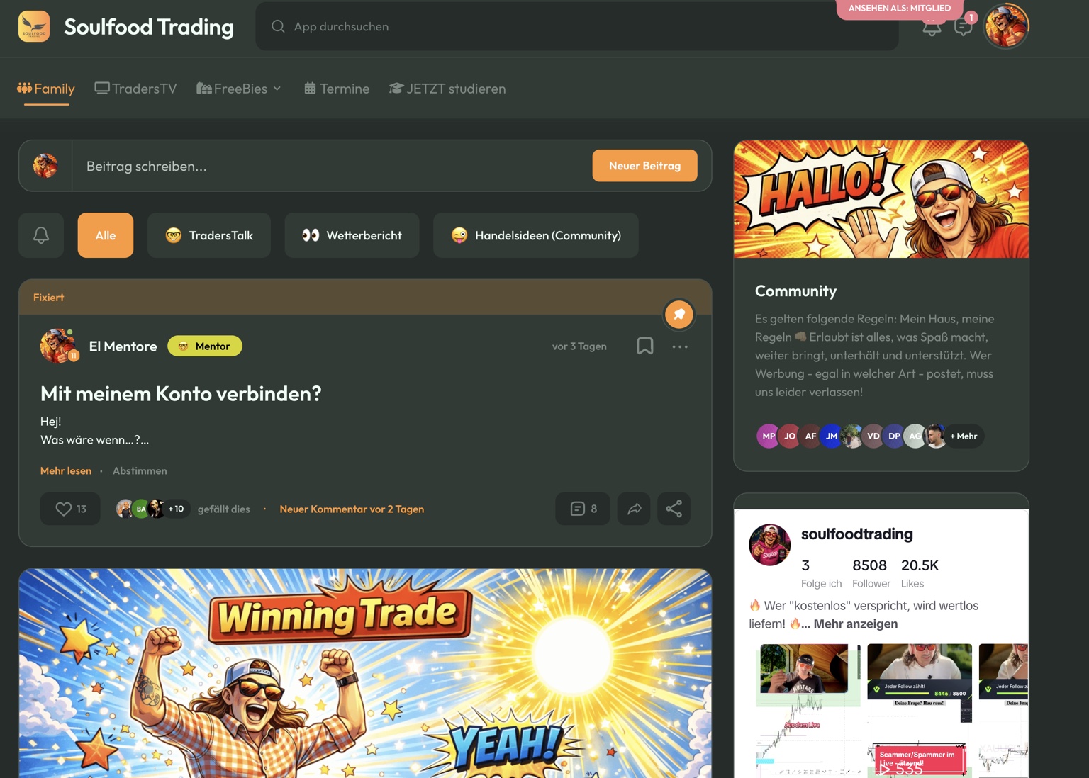 Soulfood Trading Community mit Beiträgen und Interaktionen